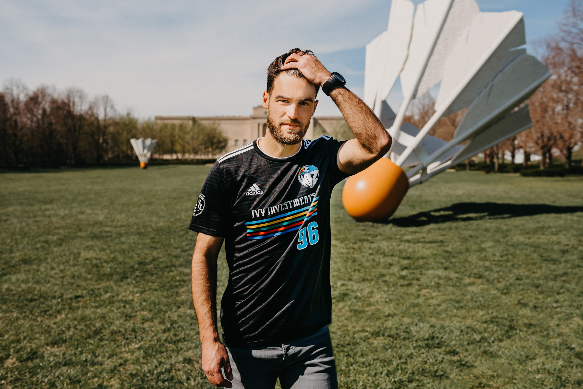 Graham Zusi modeling Sporting Kansas City 2019 retro soccer jersey