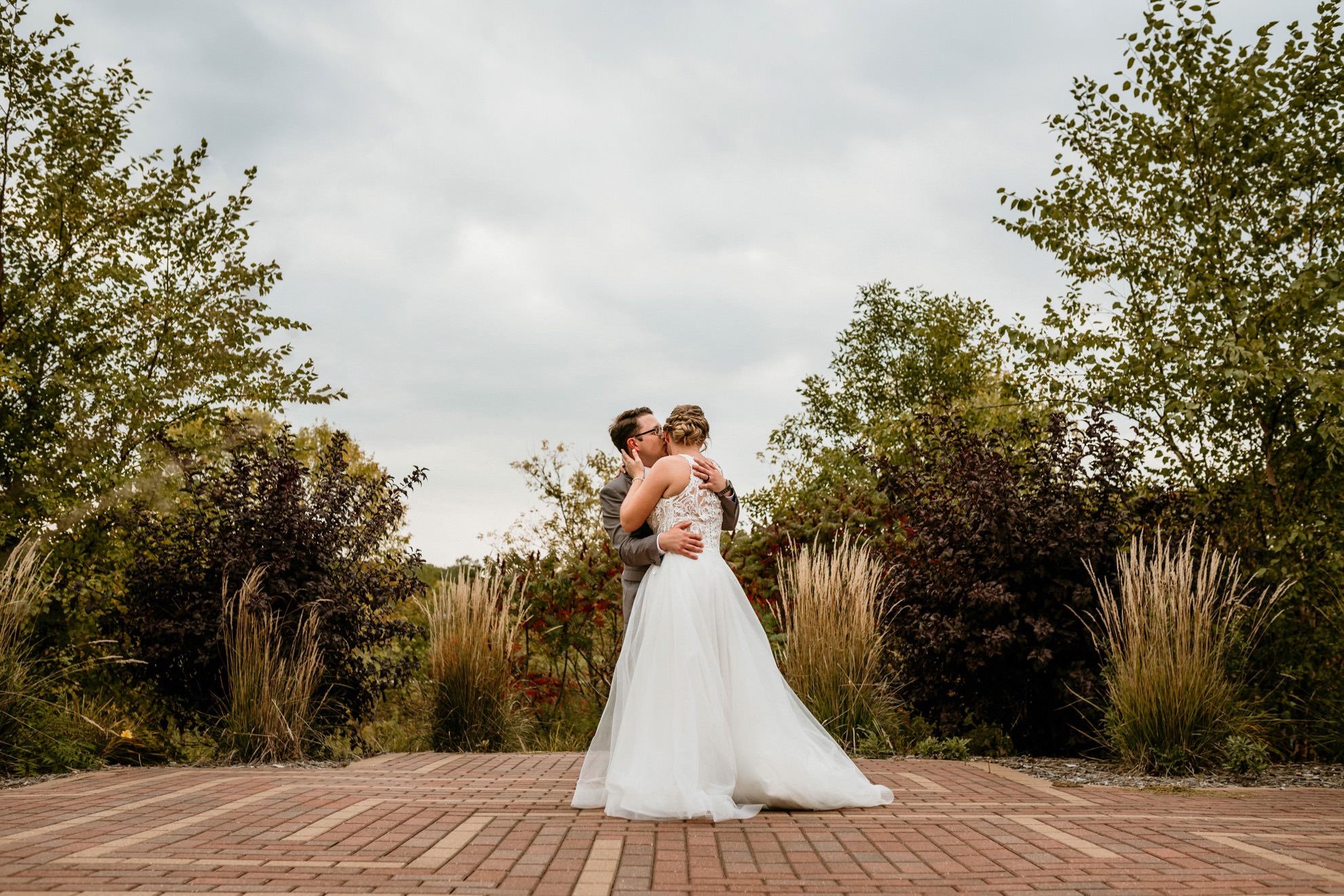 wedding couple dancing on patio