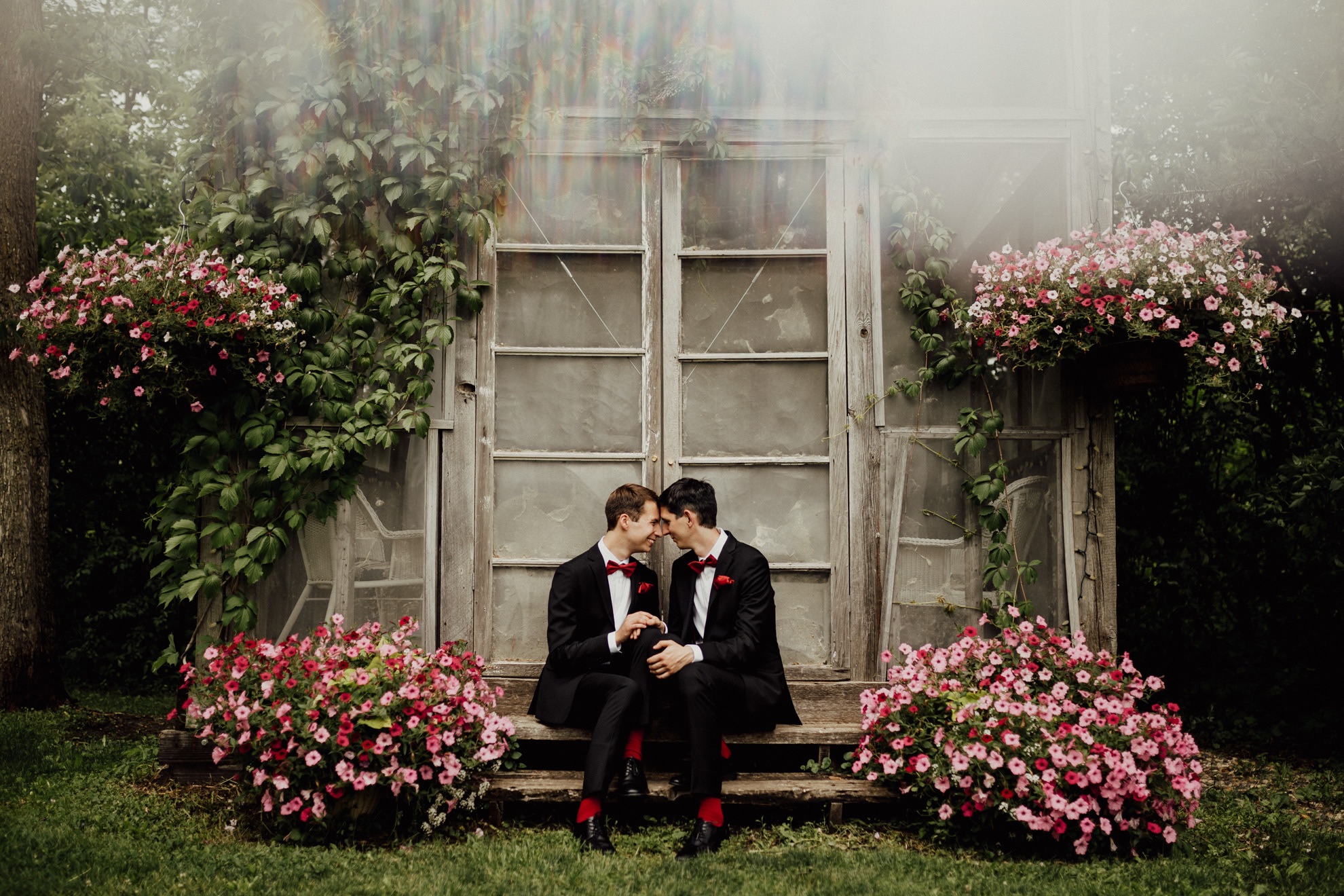lgbt couple posing sitting among flowers on wedding day