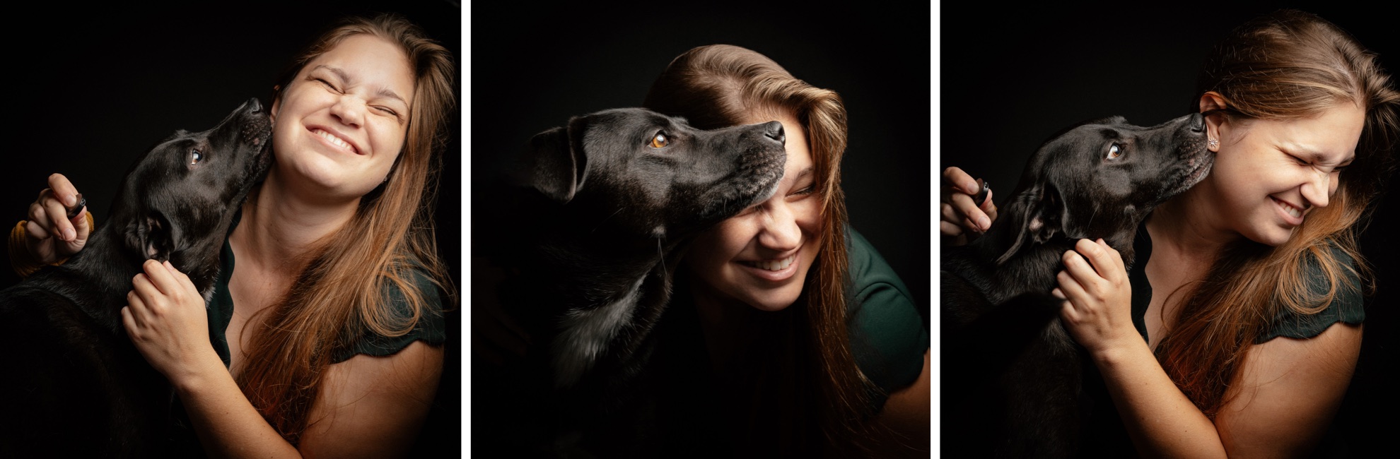 studio self-portraits on black backdrop with dog
