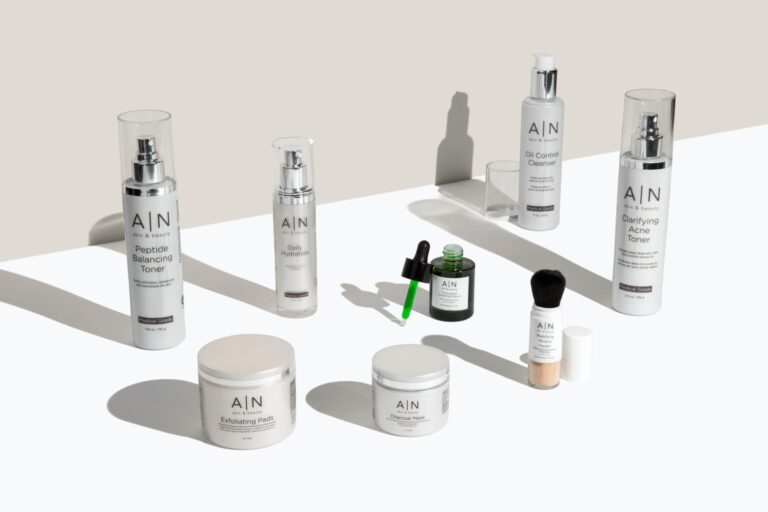 studio photo of a group of skincare products