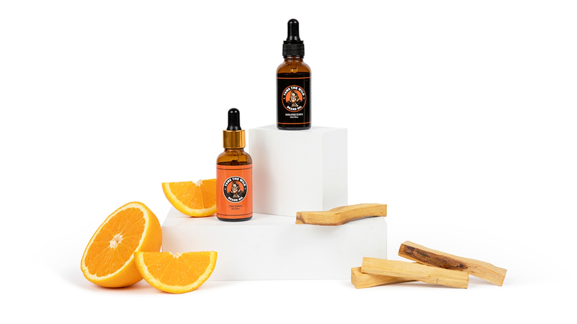 product photography on white of beard balm with oranges and sandalwood